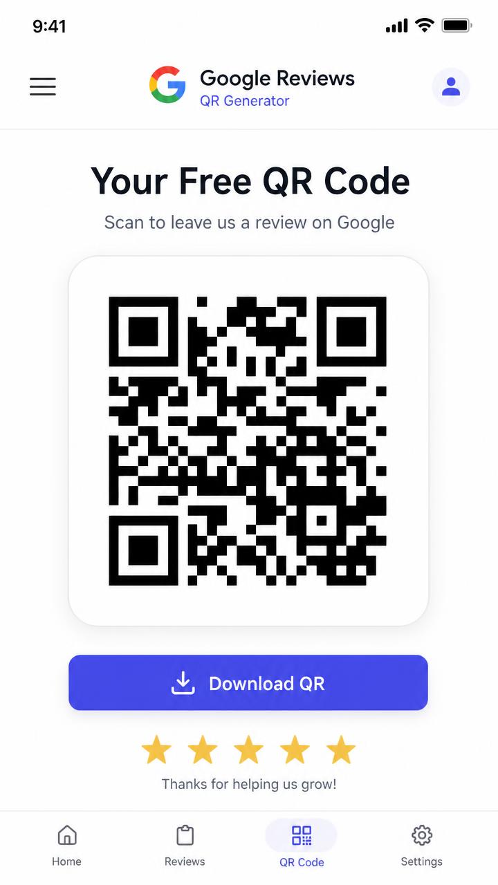 NPSid Free app screen showing a generated Google review QR code with a download button